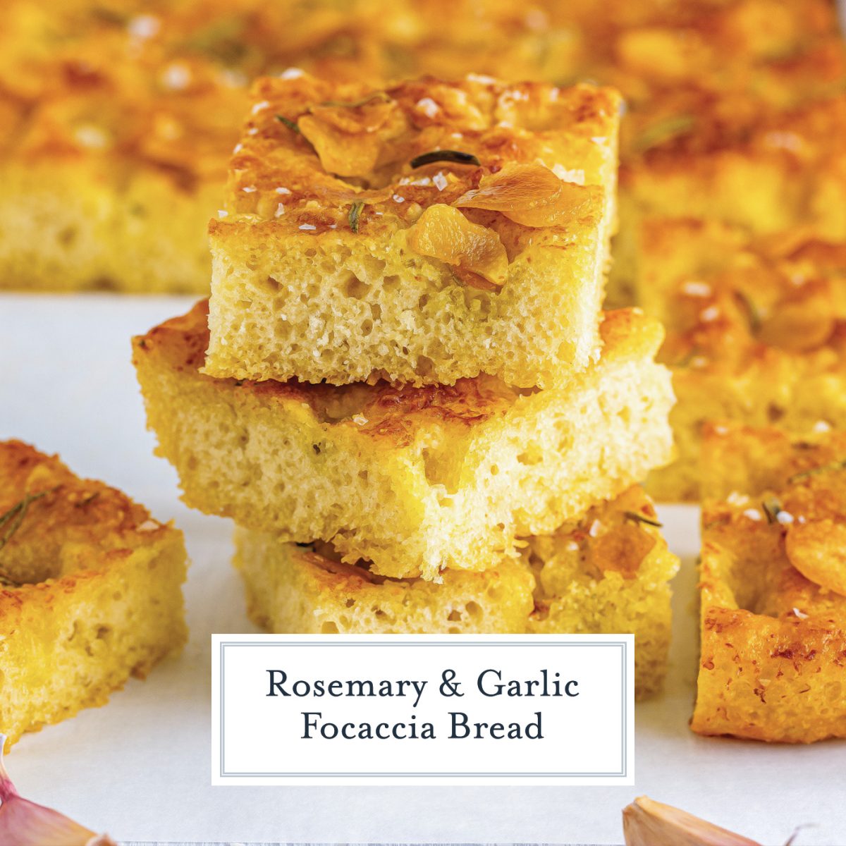 close up stack of focaccia bread with garlic
