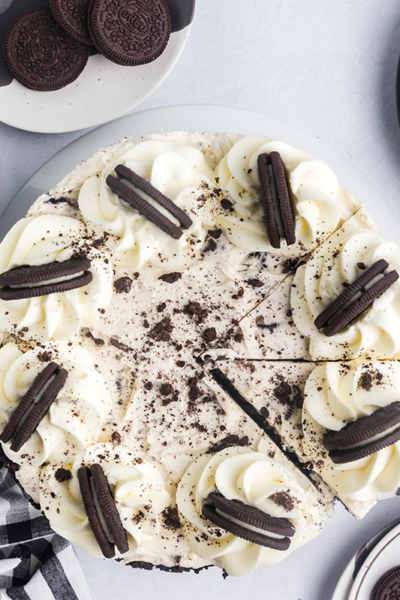 overhead shot of sliced oreo cheesecake