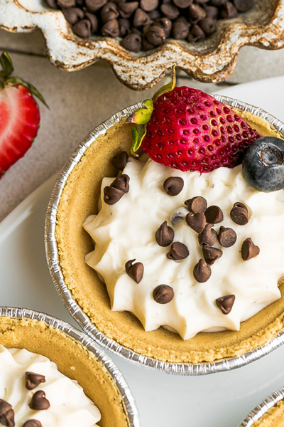 overhead shot of mini no bake cheesecake on plate
